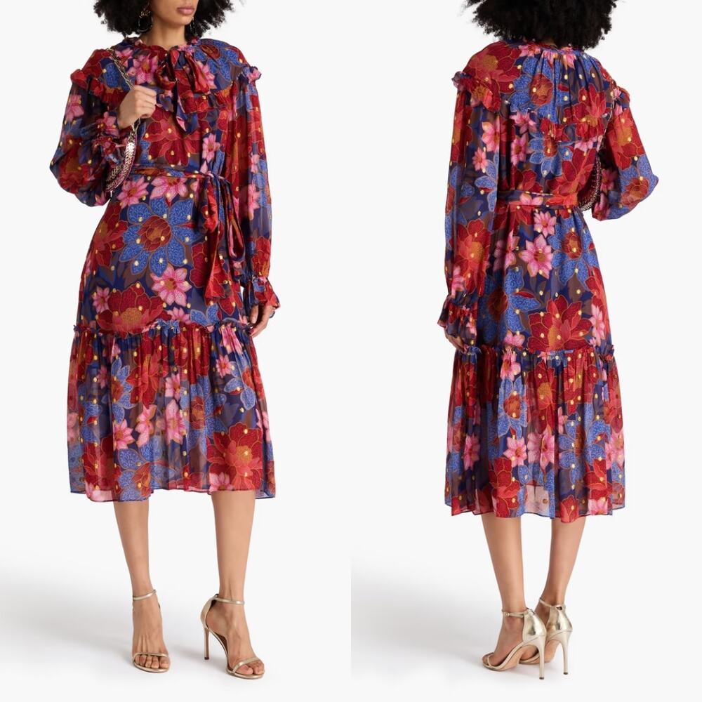 Farm Rio Garden Navy Midi Dress XS Floral Metallic Belted Long Sleeve